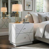Oly Nighstand, 2 Drawers, Geometric Design, Chrome Knobs, Glossy White - BM351939