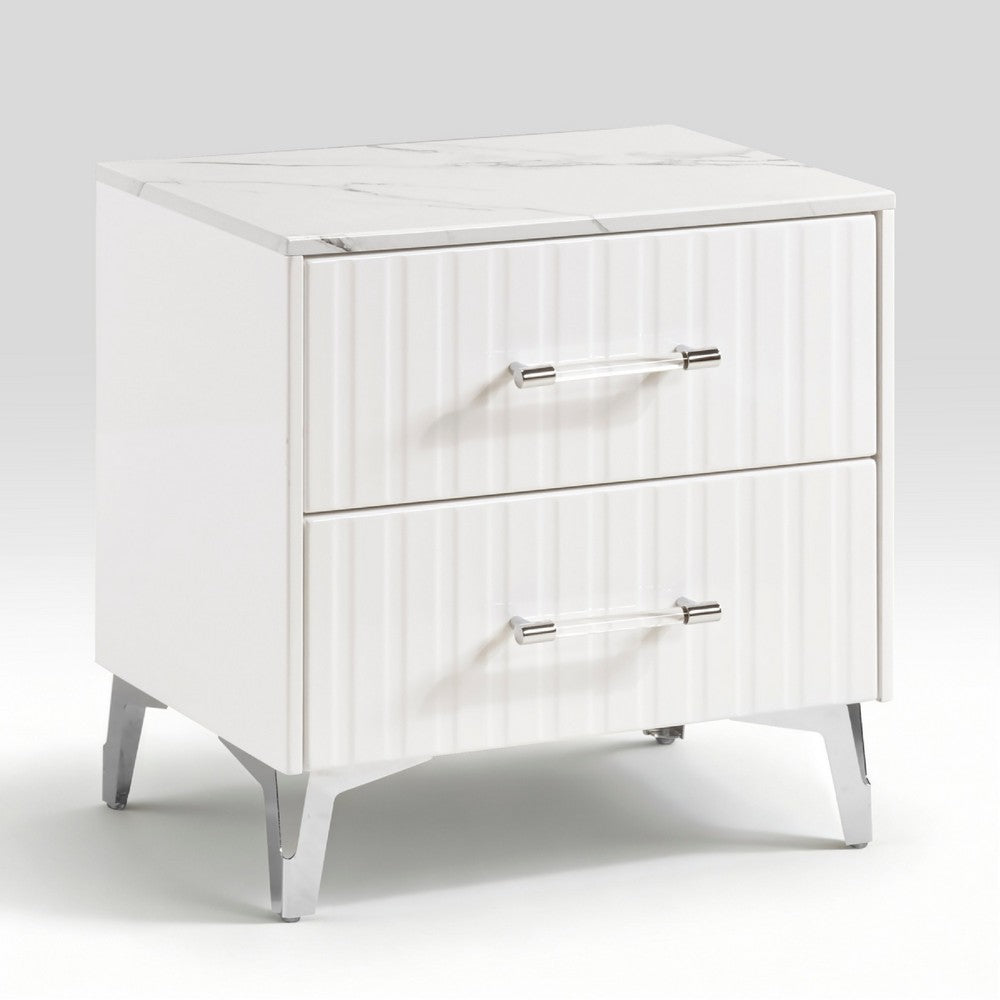 Cyna Nighstand, Faux Marble Top, 2 Drawers, Textured Front, Glossy White - BM351940