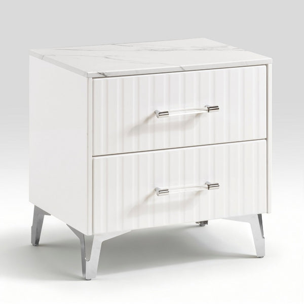 Cyna Nighstand, Faux Marble Top, 2 Drawers, Textured Front, Glossy White - BM351940
