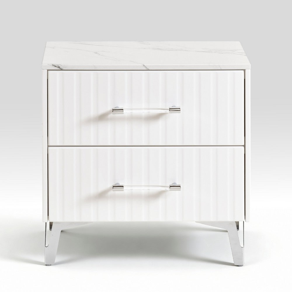 Cyna Nighstand, Faux Marble Top, 2 Drawers, Textured Front, Glossy White - BM351940