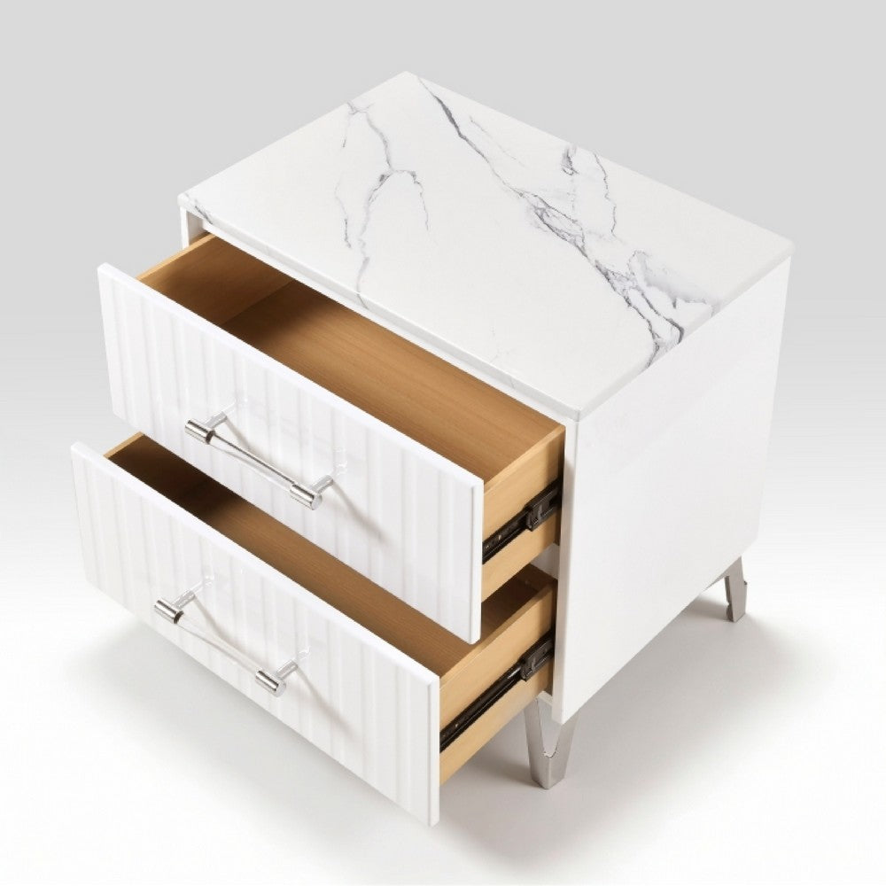 Cyna Nighstand, Faux Marble Top, 2 Drawers, Textured Front, Glossy White - BM351940