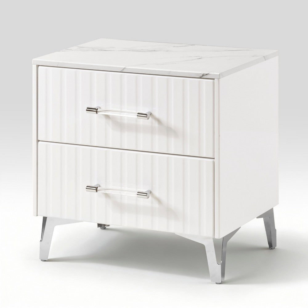 Cyna Nighstand, Faux Marble Top, 2 Drawers, Textured Front, Glossy White - BM351940