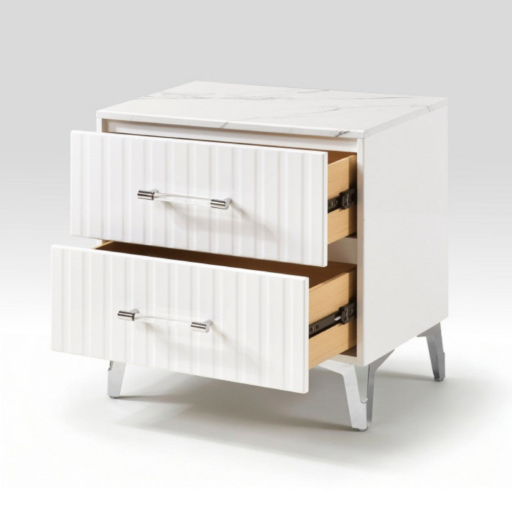 Cyna Nighstand, Faux Marble Top, 2 Drawers, Textured Front, Glossy White - BM351940