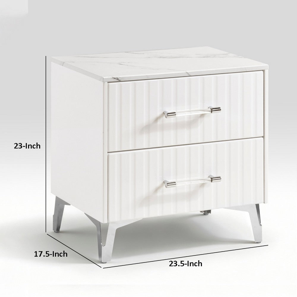 Cyna Nighstand, Faux Marble Top, 2 Drawers, Textured Front, Glossy White - BM351940