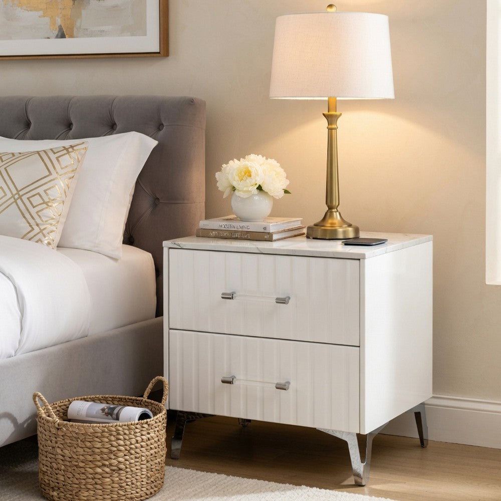 Cyna Nighstand, Faux Marble Top, 2 Drawers, Textured Front, Glossy White - BM351940