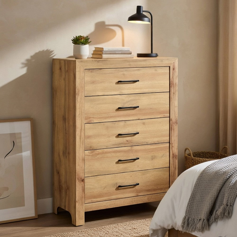 Eby  Tall Dresser Chest, 5 Drawers, Black Nickel Handles, Natural Brown - BM351941