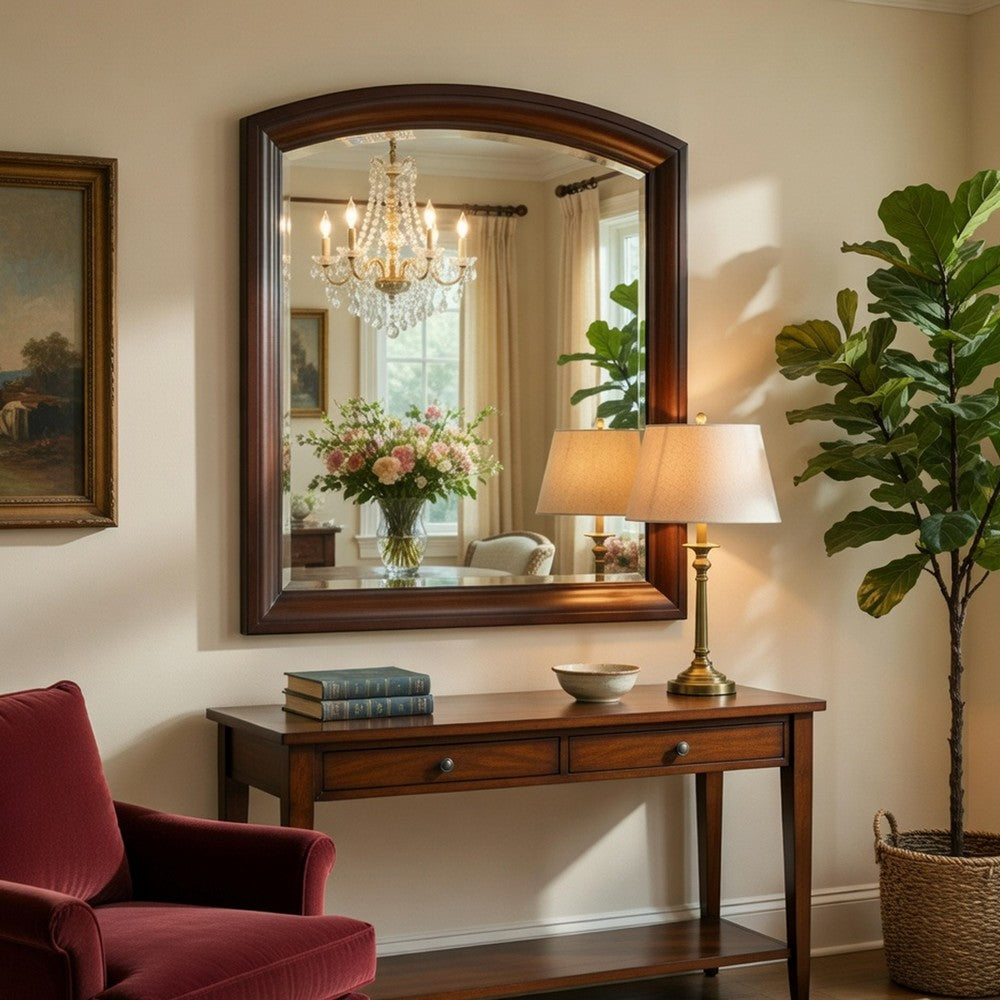 Hudy Dresser Mirror, 34 x 38 Birch Wood Arch Frame, Cherry Brown  - BM351946