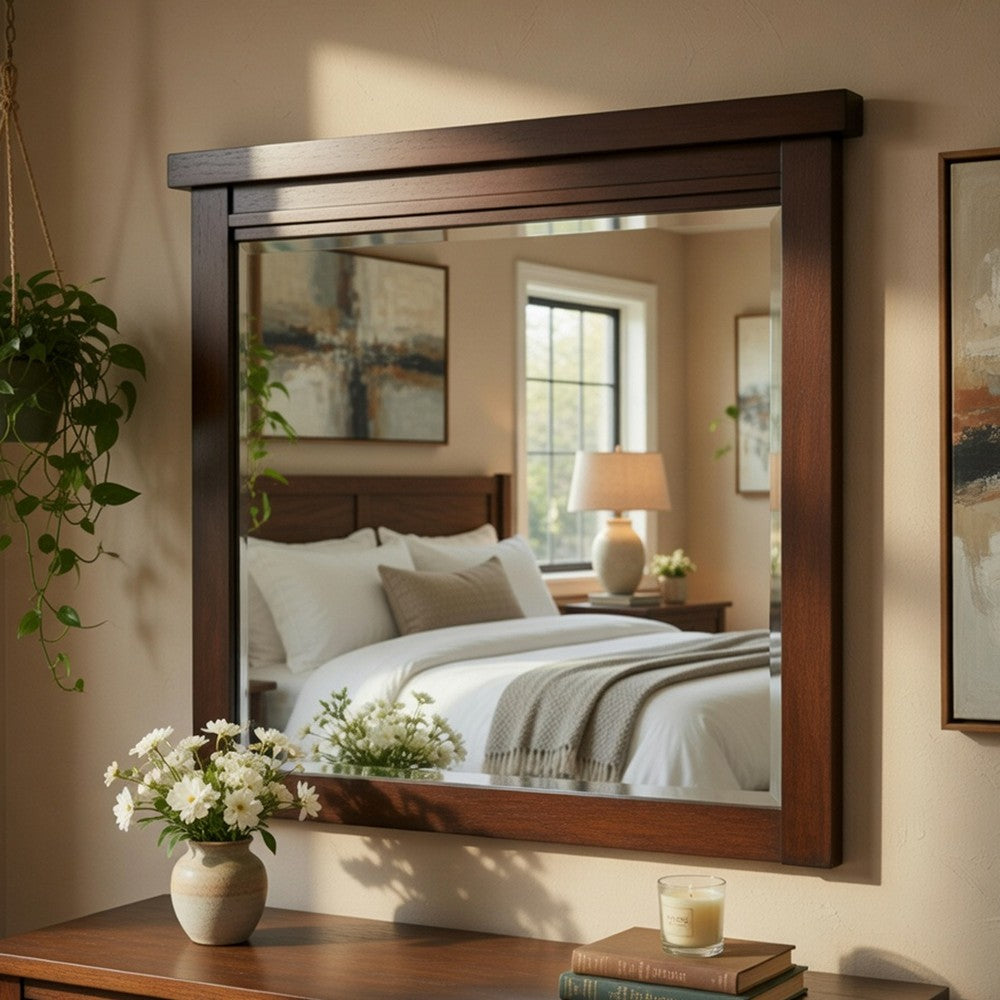 Daisy Vanity Dresser Mirror, Rustic Brown Mango Veneer Frame, 35 x 48 - BM351953