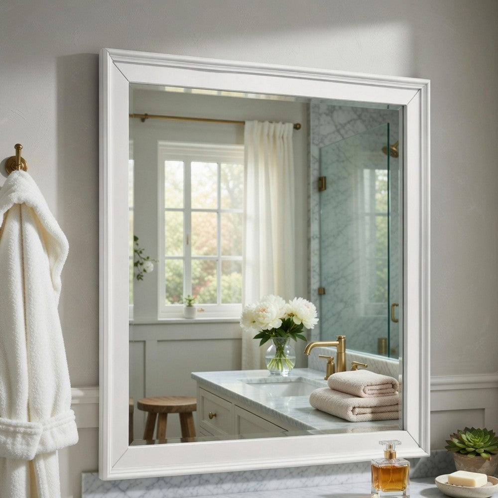 Etgo Dresser Mirror, Framed Design, Transitional White Wood, 39x39 Square - BM351958