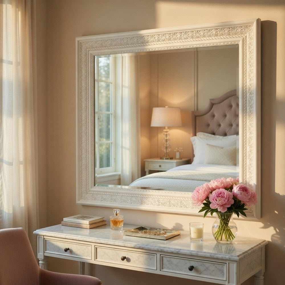 Rotu Dresser Mirror, Egg & Dart Molded Frame, Pearl White Wood, 40x46 - BM351961