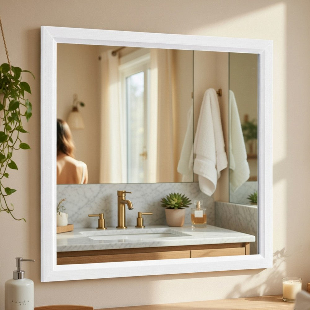 Ameya Dresser Mirror, Framed Design, Printed White Wood Grain, 36x39 - BM351963