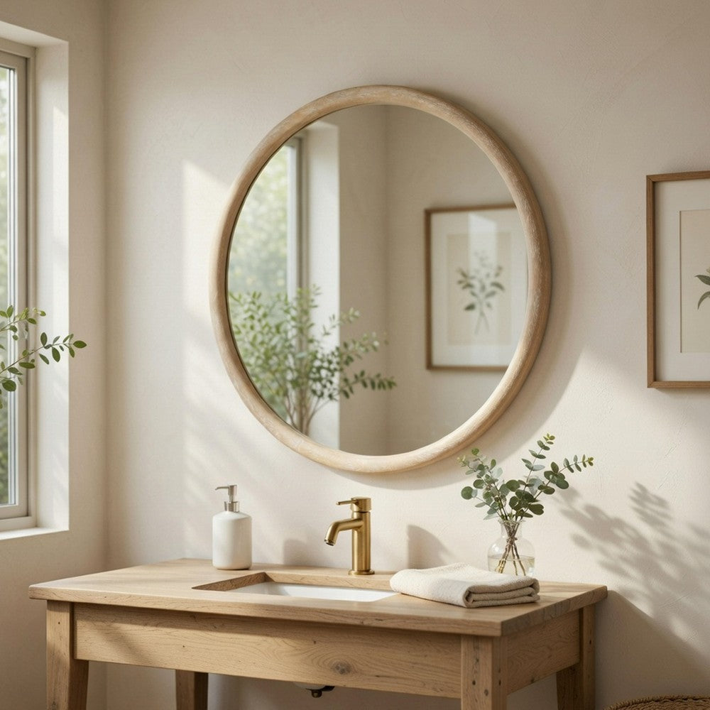 Maty Dresser Mirror, 38x38 Slim Round Design, Light Oak Brown Wood - BM351972