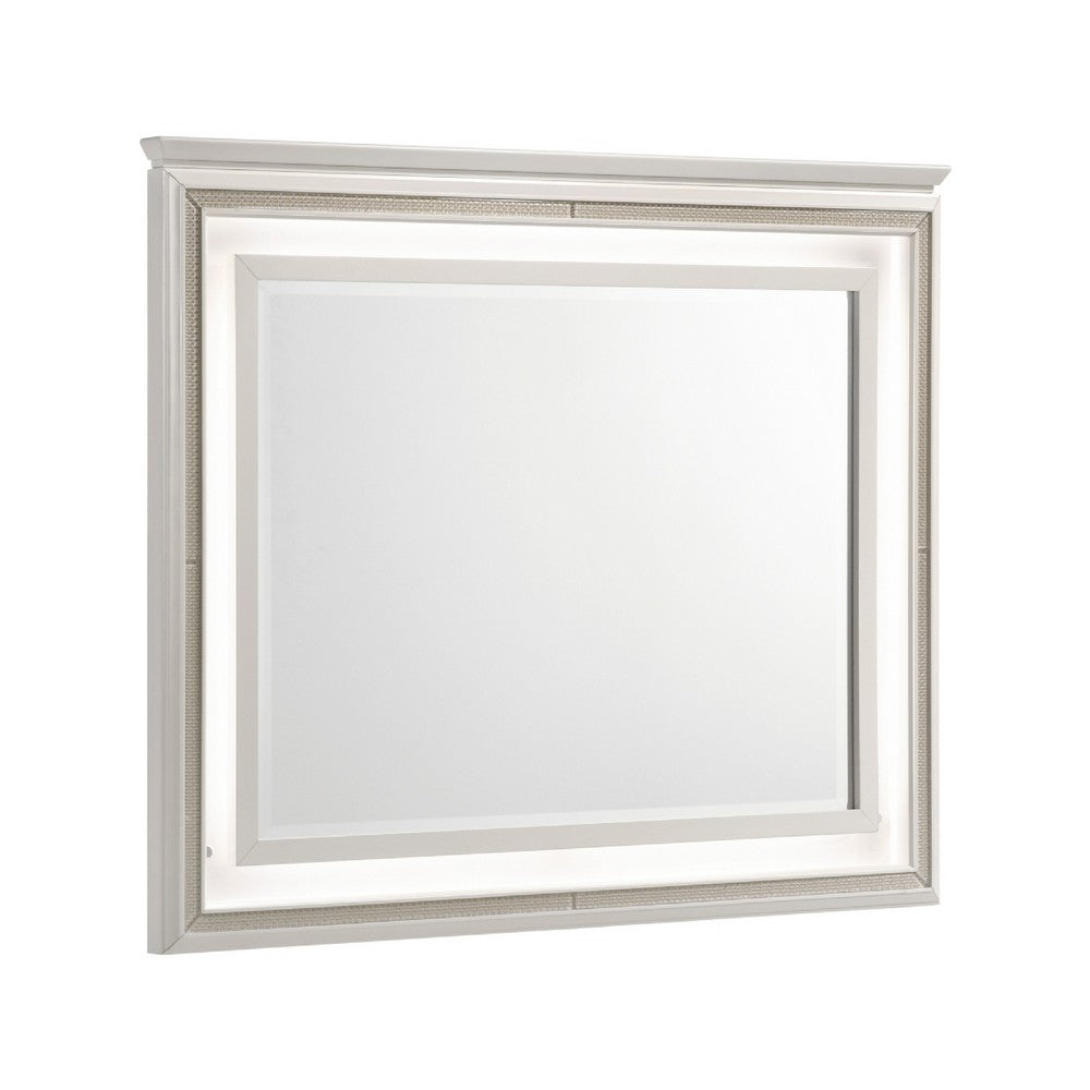 Dery Dresser Mirror with LED, White and Gold Wood Frame, 36x44 Rectangular - BM351978
