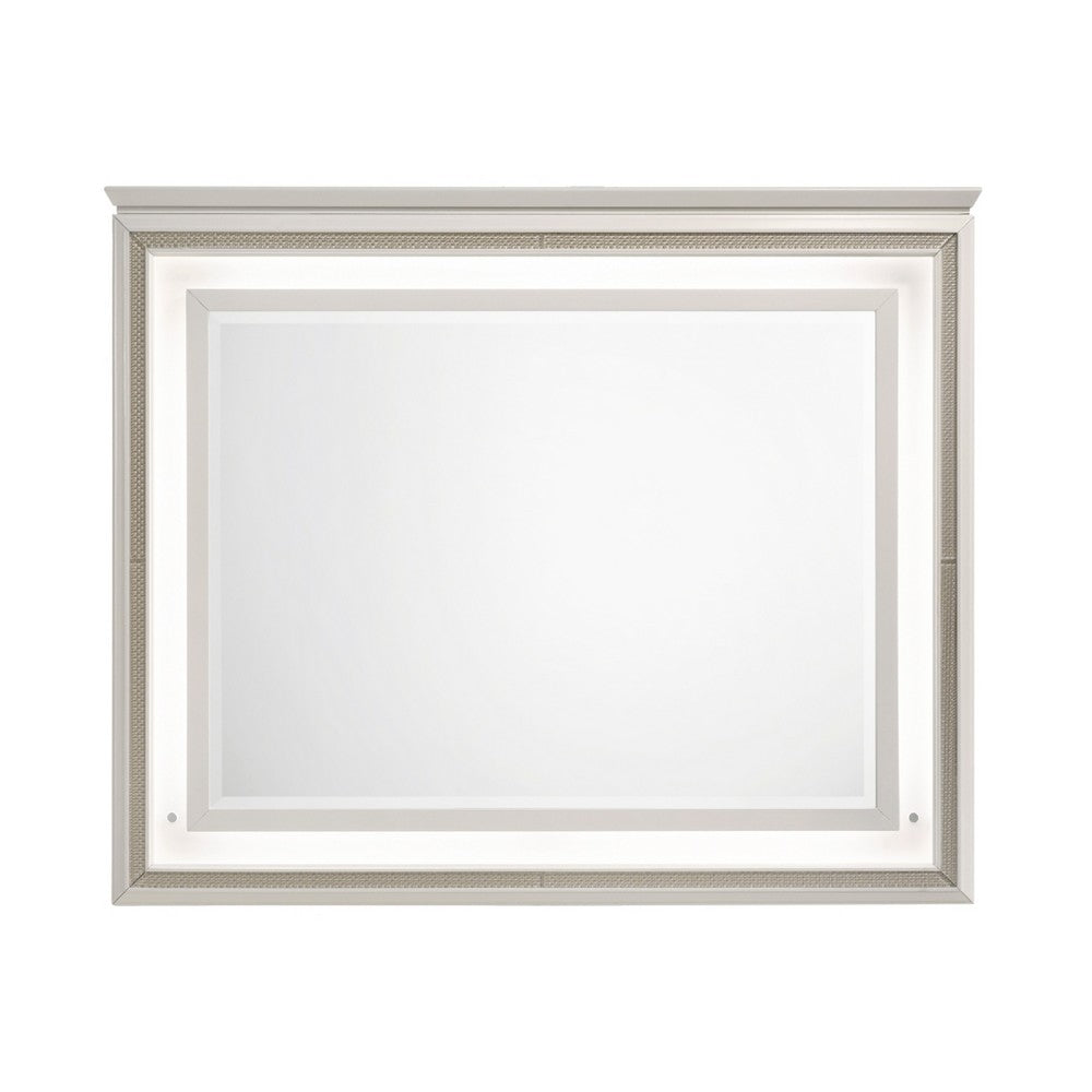 Dery Dresser Mirror with LED, White and Gold Wood Frame, 36x44 Rectangular - BM351978