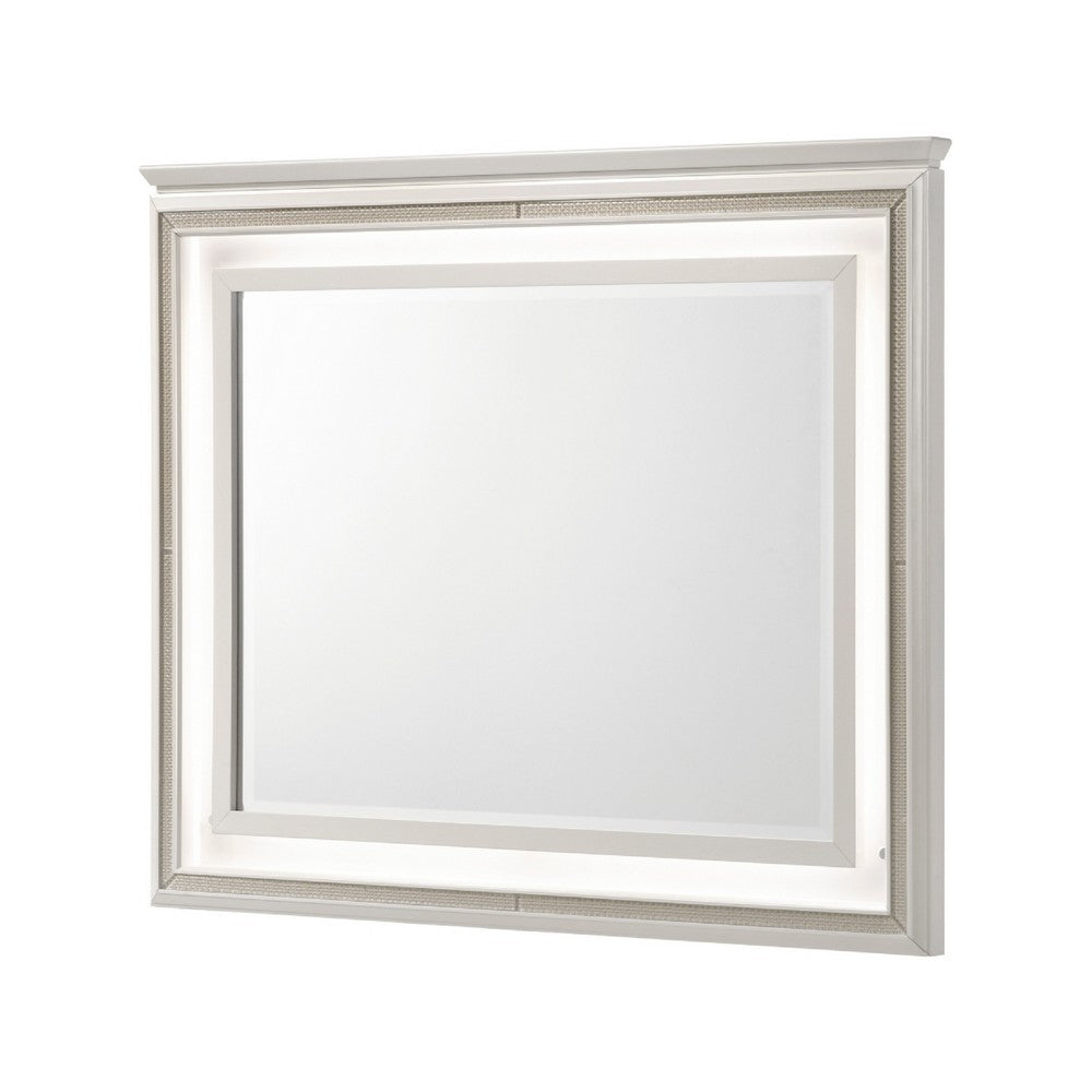 Dery Dresser Mirror with LED, White and Gold Wood Frame, 36x44 Rectangular - BM351978