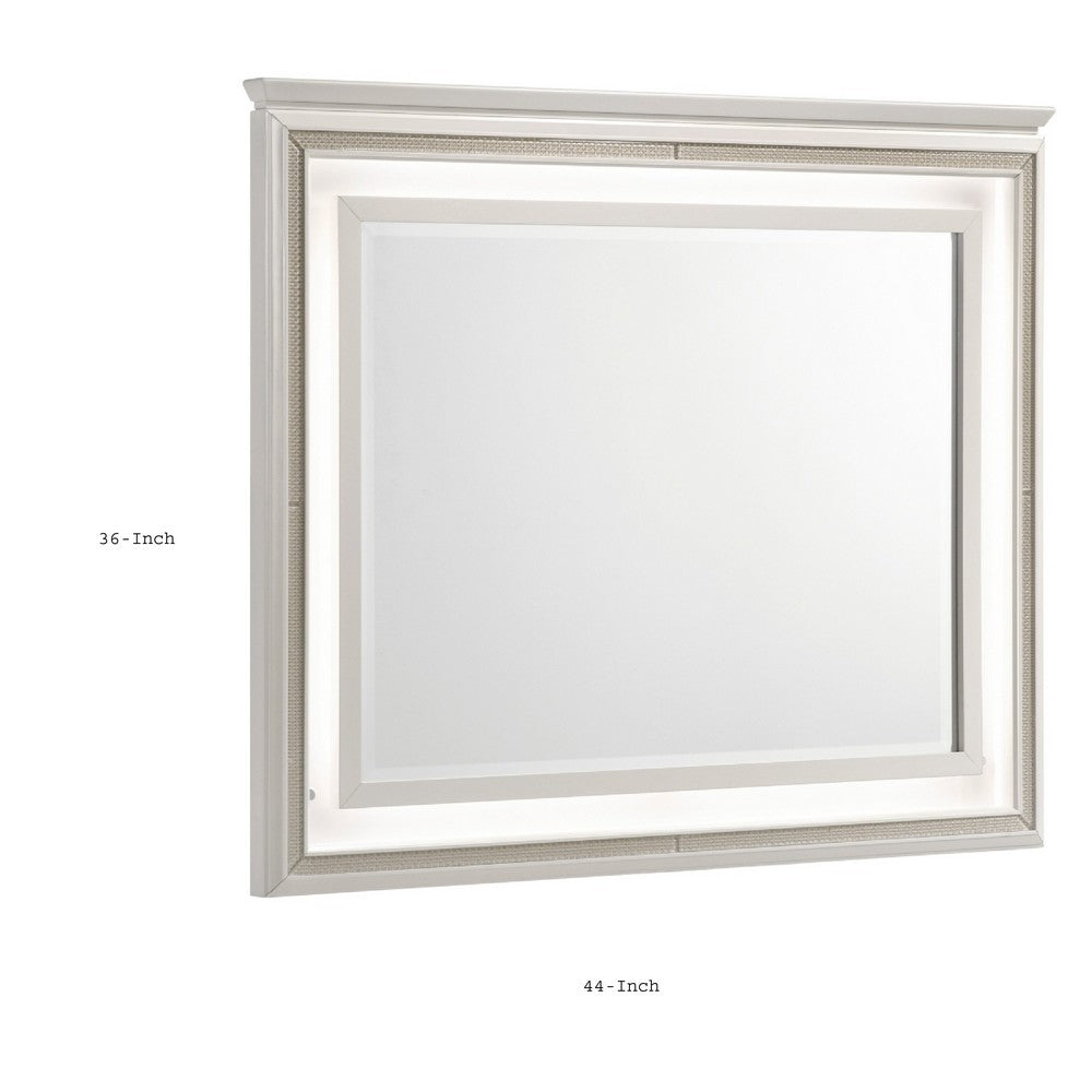 Dery Dresser Mirror with LED, White and Gold Wood Frame, 36x44 Rectangular - BM351978