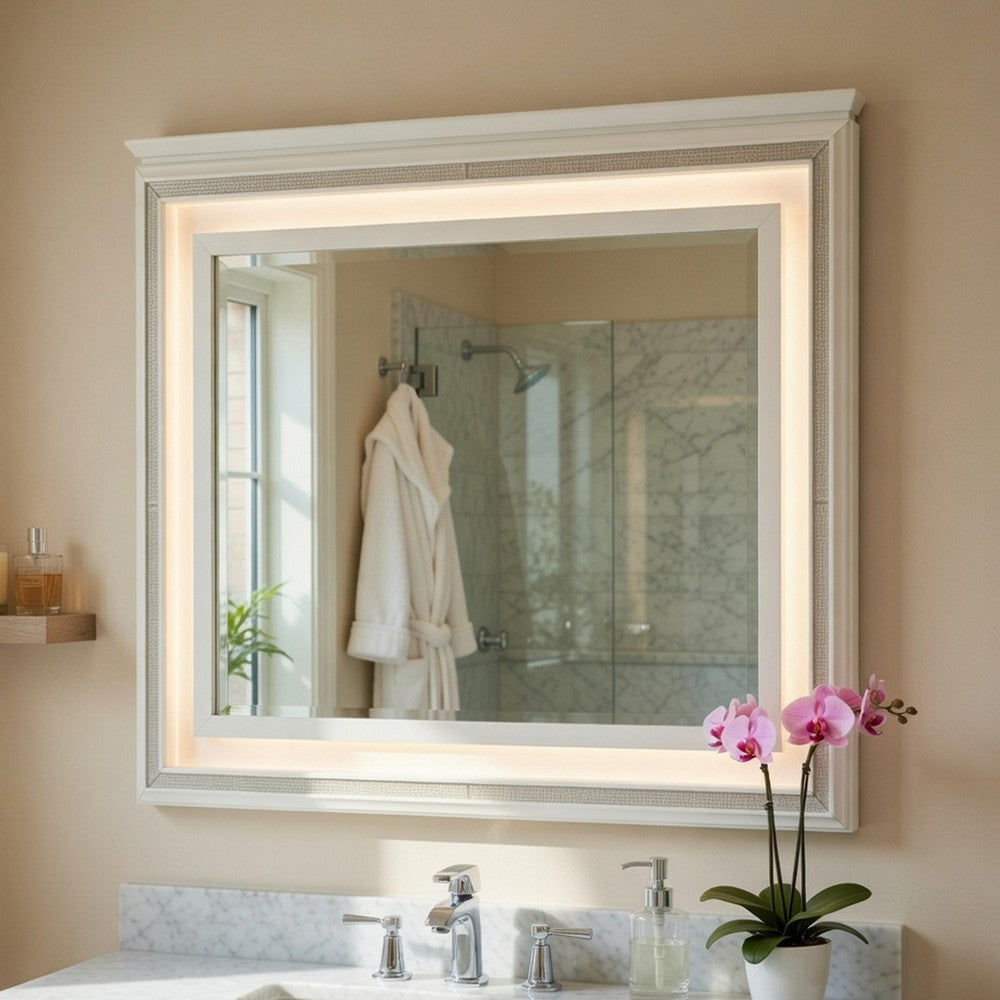 Dery Dresser Mirror with LED, White and Gold Wood Frame, 36x44 Rectangular - BM351978