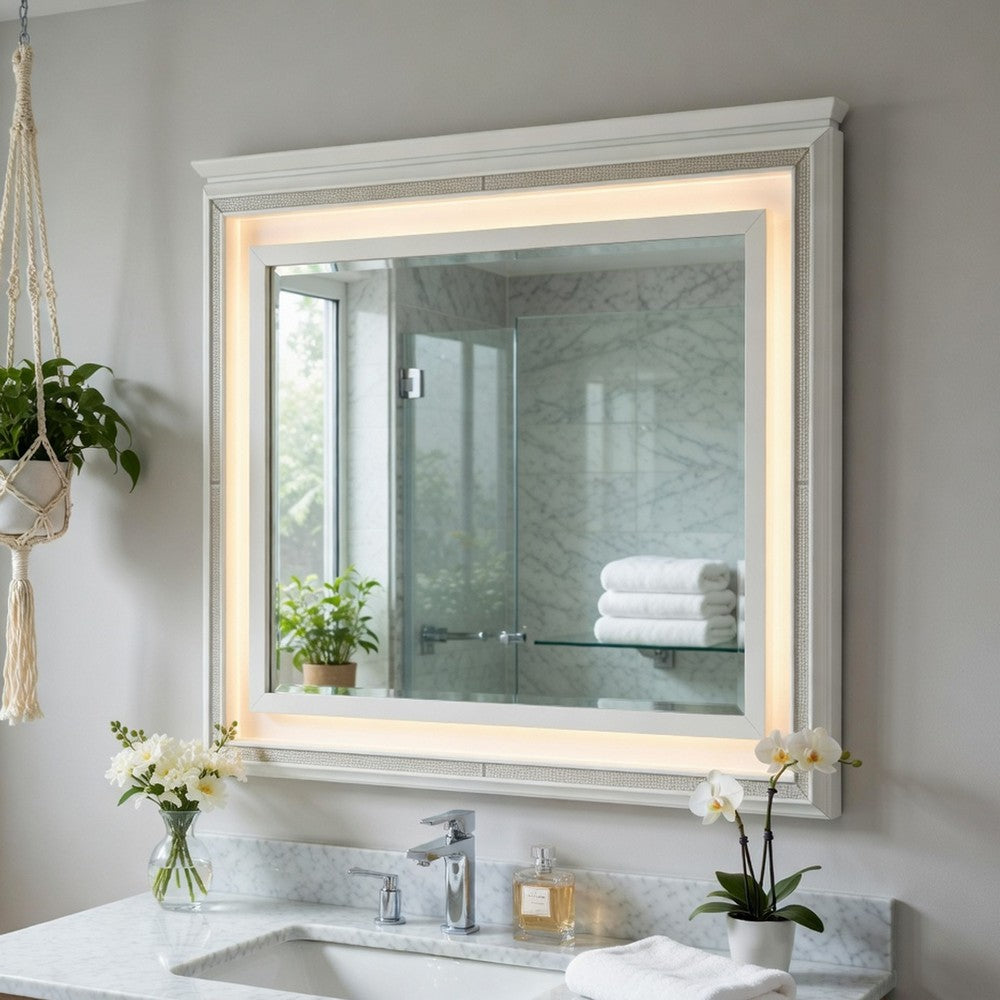 Dery Dresser Mirror with LED, White and Gold Wood Frame, 36x44 Rectangular - BM351978