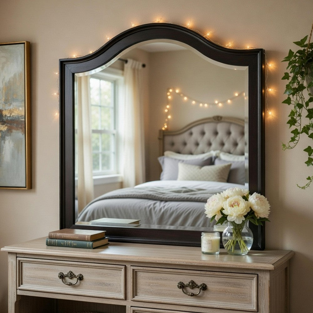 Vix Dresser Mirror, 39x42 Classic Arched Frame, Charcoal Brown Wood - BM351979