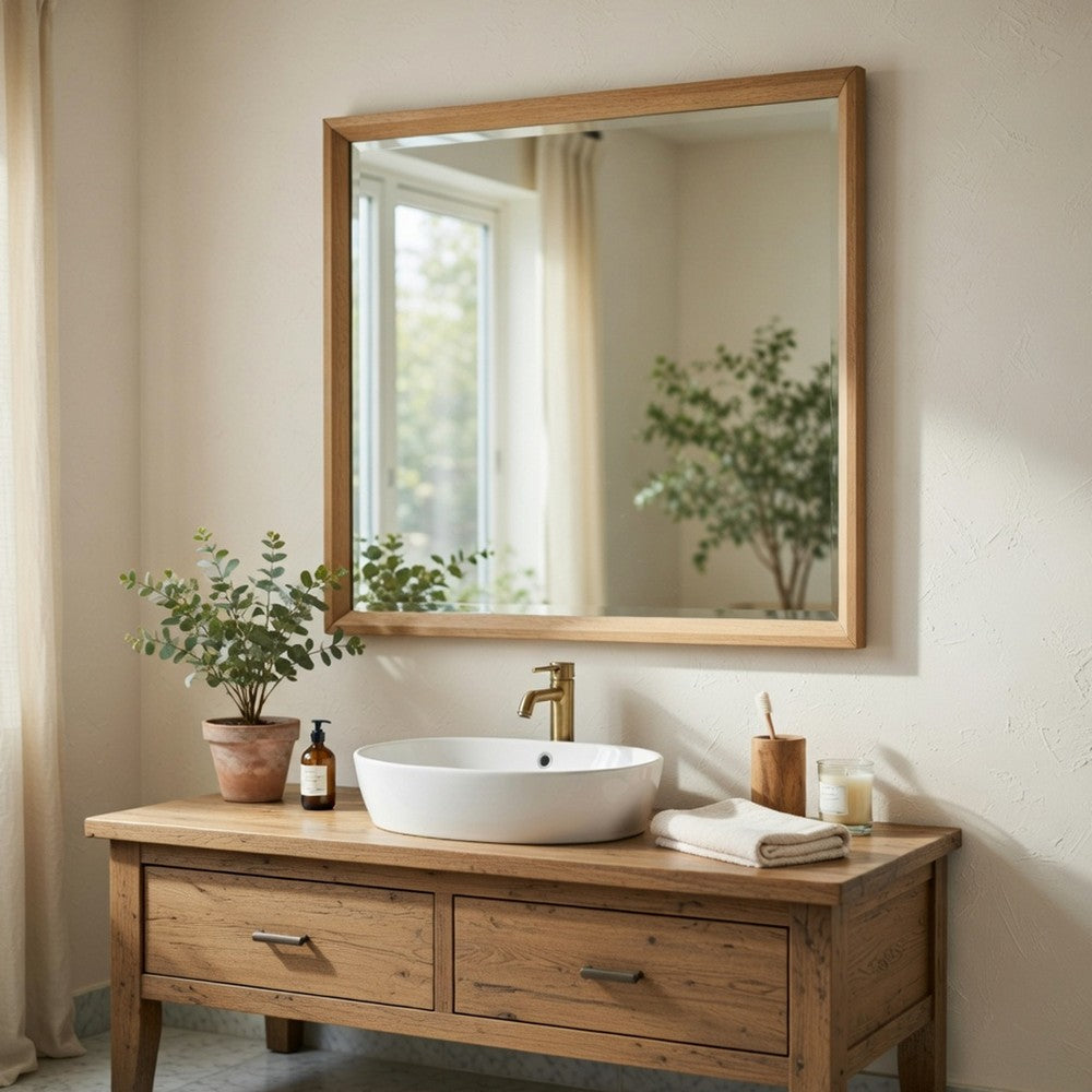 Kali Dresser Mirror, Midcentury 38x38 Square Natural Oak Brown Wood Frame - BM351980