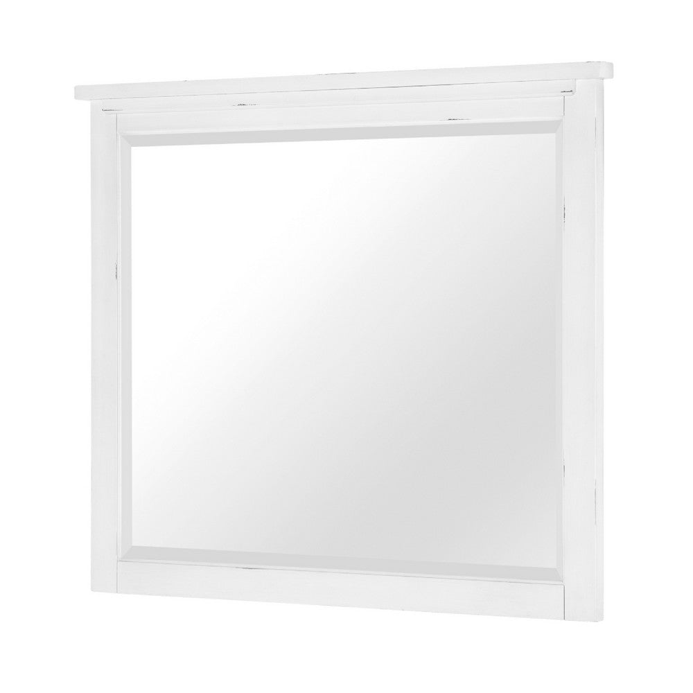 Gemi Dresser Mirror, Antique White Rub Through Finish Wood 34x39 Square - BM351981