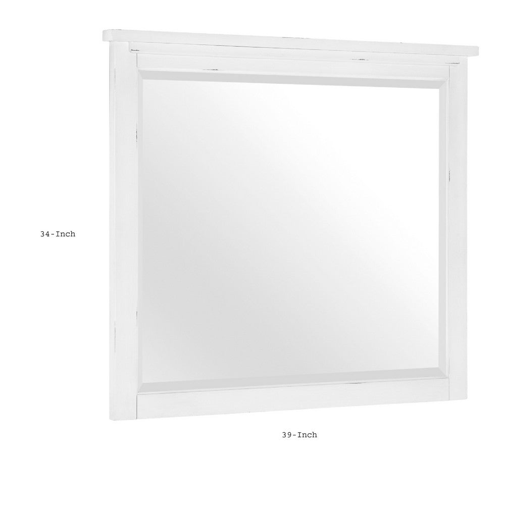 Gemi Dresser Mirror, Antique White Rub Through Finish Wood 34x39 Square - BM351981