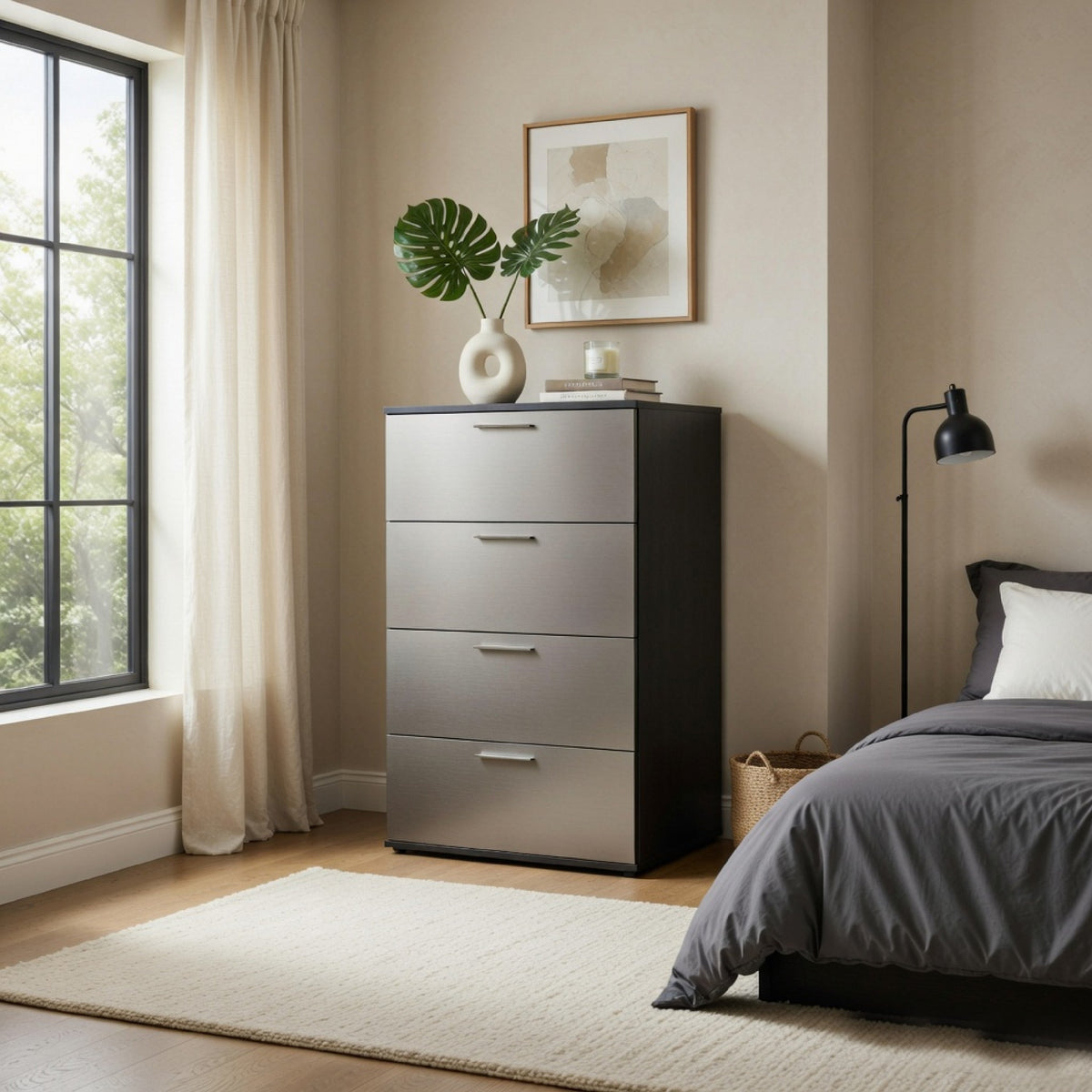 Asti Jumbo Tall Dresser Chest, 4 Deep Drawers, Metallic Gray-BM352096