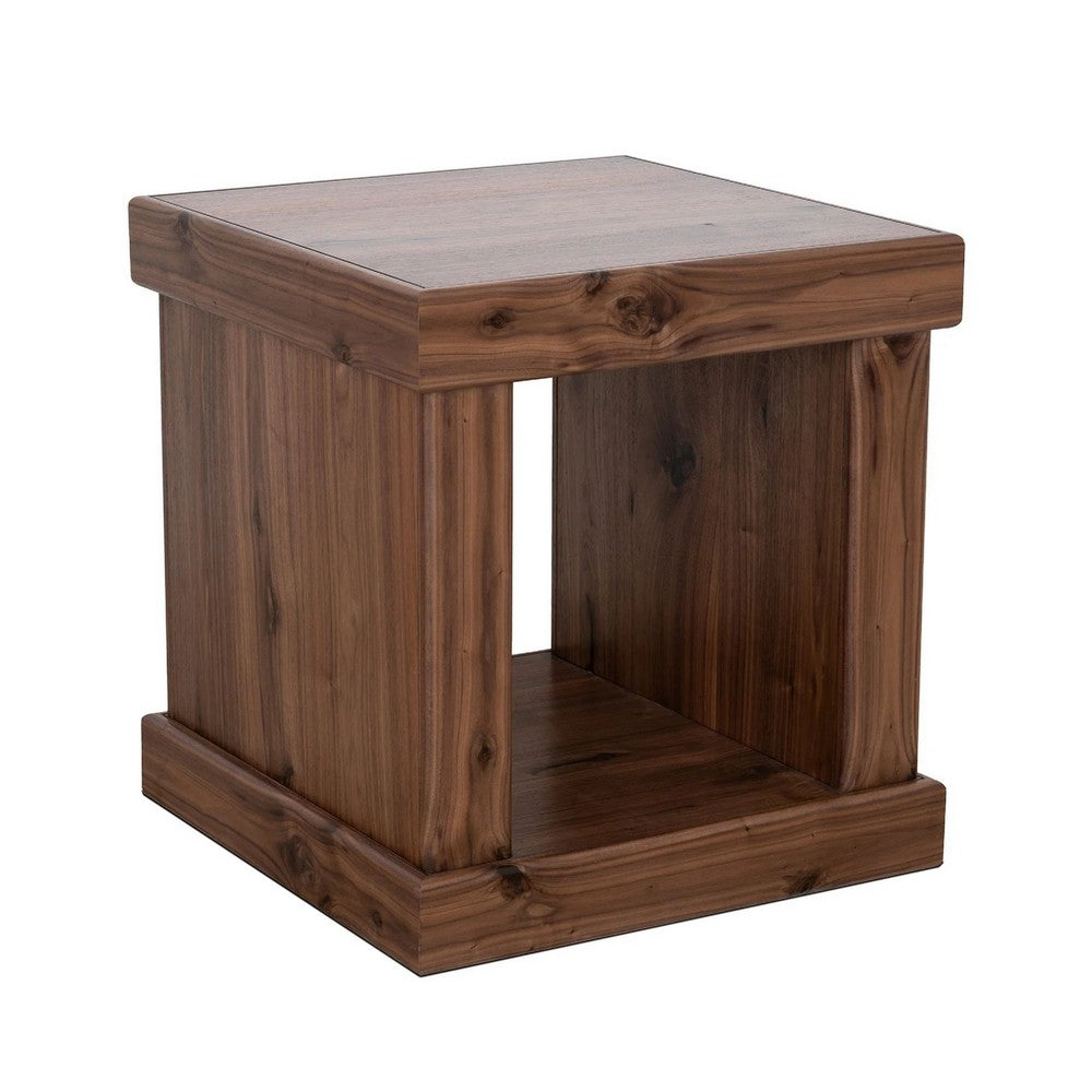 Kima Side End Table, 25 Inch Square Top with Lower Shelf, Walnut Brown - BM352124
