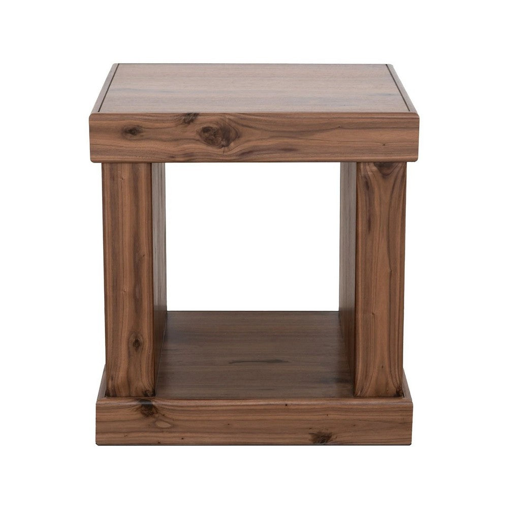 Kima Side End Table, 25 Inch Square Top with Lower Shelf, Walnut Brown - BM352124
