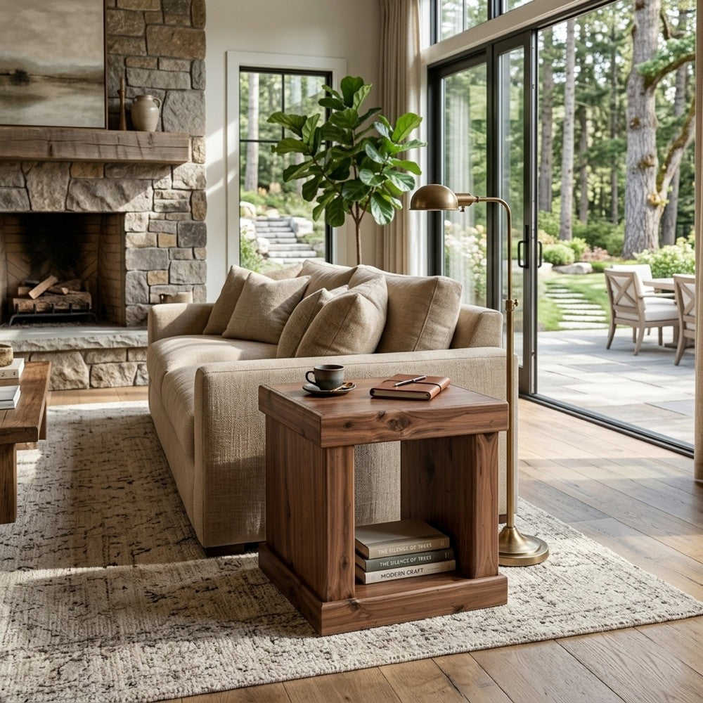 Kima Side End Table, 25 Inch Square Top with Lower Shelf, Walnut Brown - BM352124