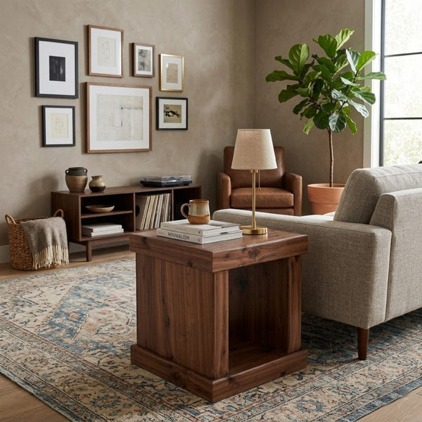 Kima Side End Table, 25 Inch Square Top with Lower Shelf, Walnut Brown - BM352124