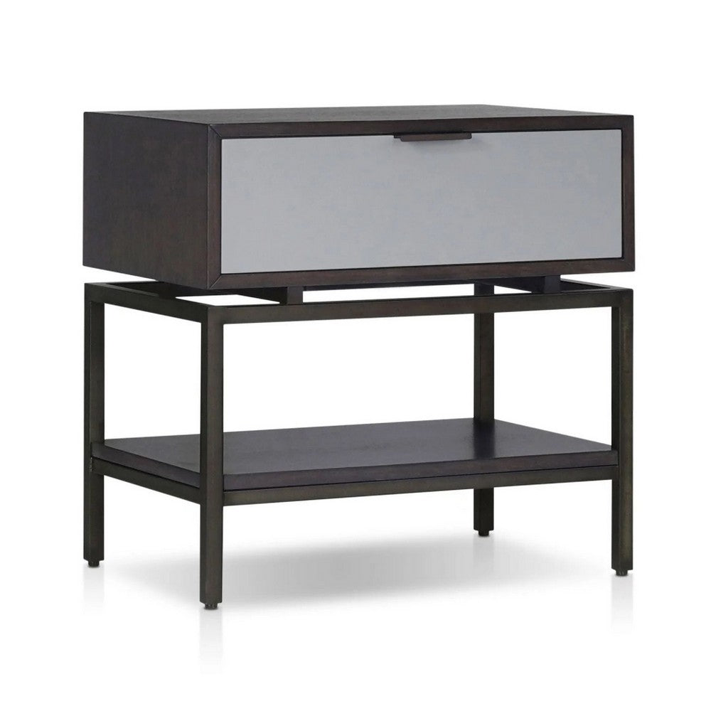 Kina Bedside Nightstand, 1 Drawer and Open Shelf, Espresso Gray Wood - BM352125