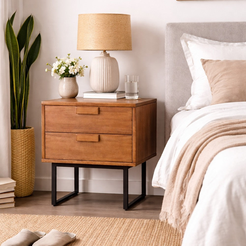 Pio Bedside Nightstand, 2 Drawers, Chestnut Brown, Gray Metal Legs - BM352126