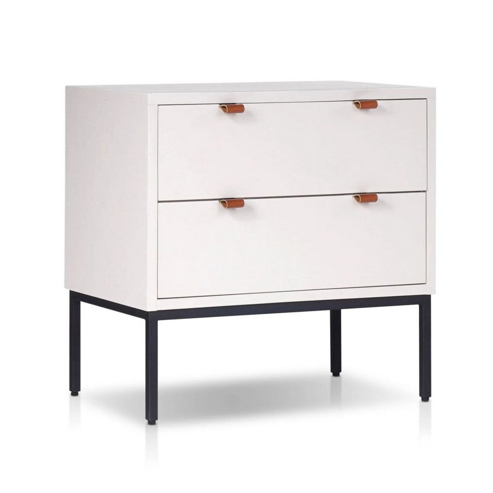Lio Modern Nightstand with 2 Drawers, Gray Metal Legs, Glam White - BM352127