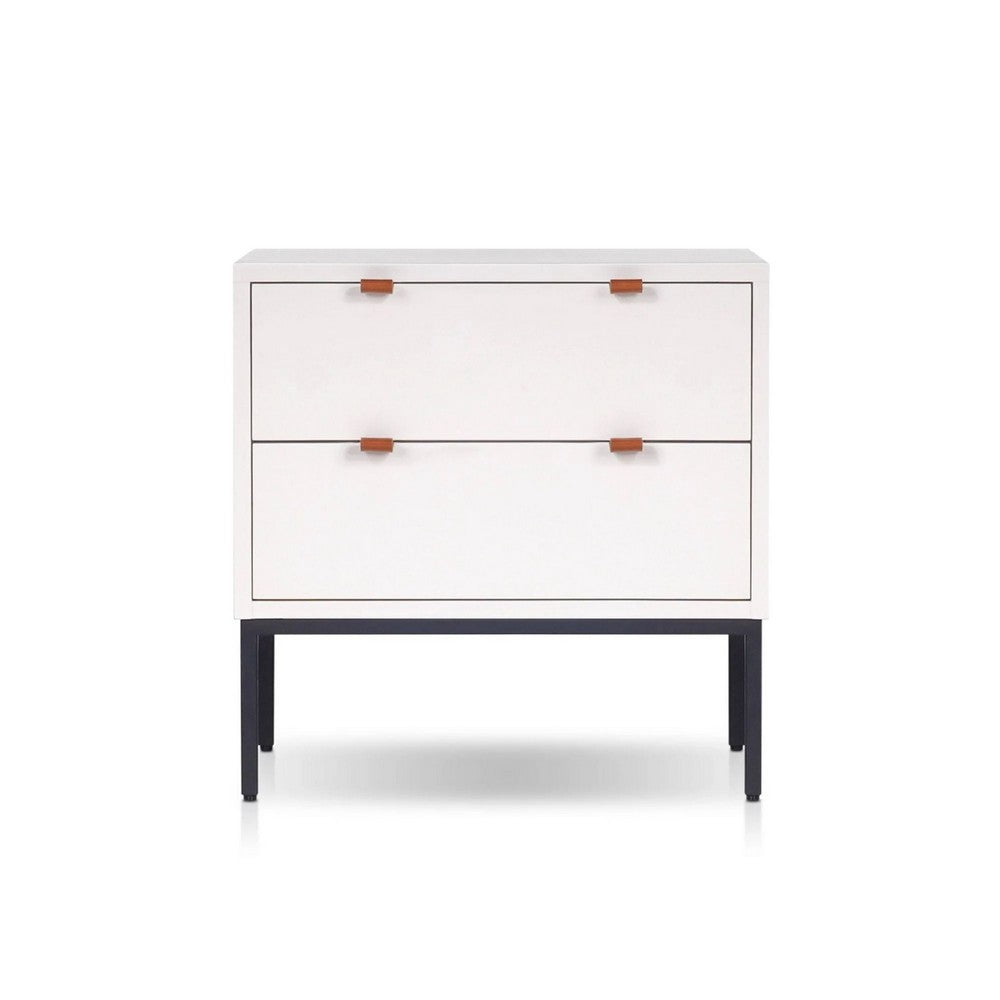 Lio Modern Nightstand with 2 Drawers, Gray Metal Legs, Glam White - BM352127