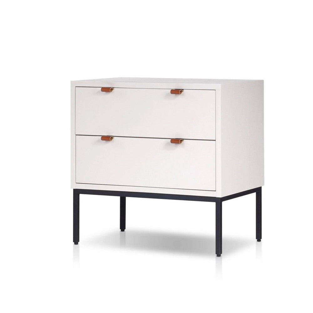Lio Modern Nightstand with 2 Drawers, Gray Metal Legs, Glam White - BM352127