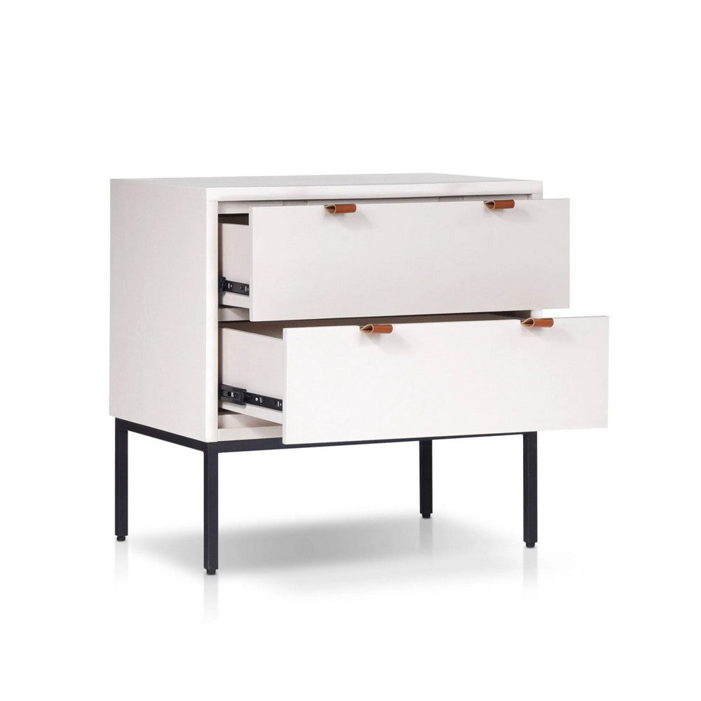 Lio Modern Nightstand with 2 Drawers, Gray Metal Legs, Glam White - BM352127