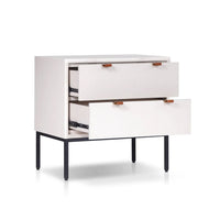Lio Modern Nightstand with 2 Drawers, Gray Metal Legs, Glam White - BM352127