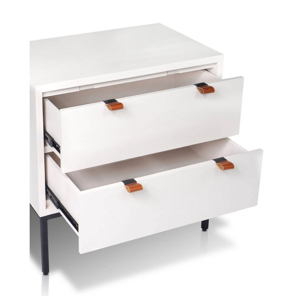 Lio Modern Nightstand with 2 Drawers, Gray Metal Legs, Glam White - BM352127