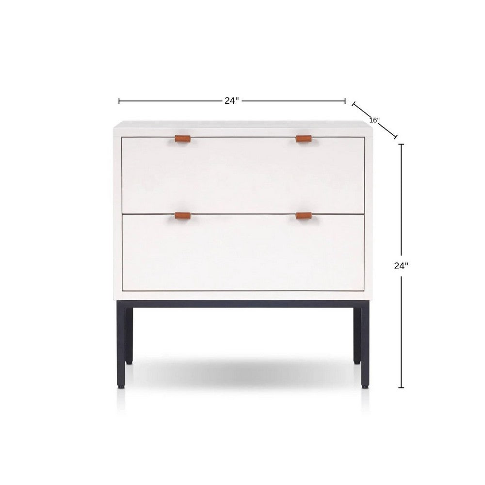 Lio Modern Nightstand with 2 Drawers, Gray Metal Legs, Glam White - BM352127