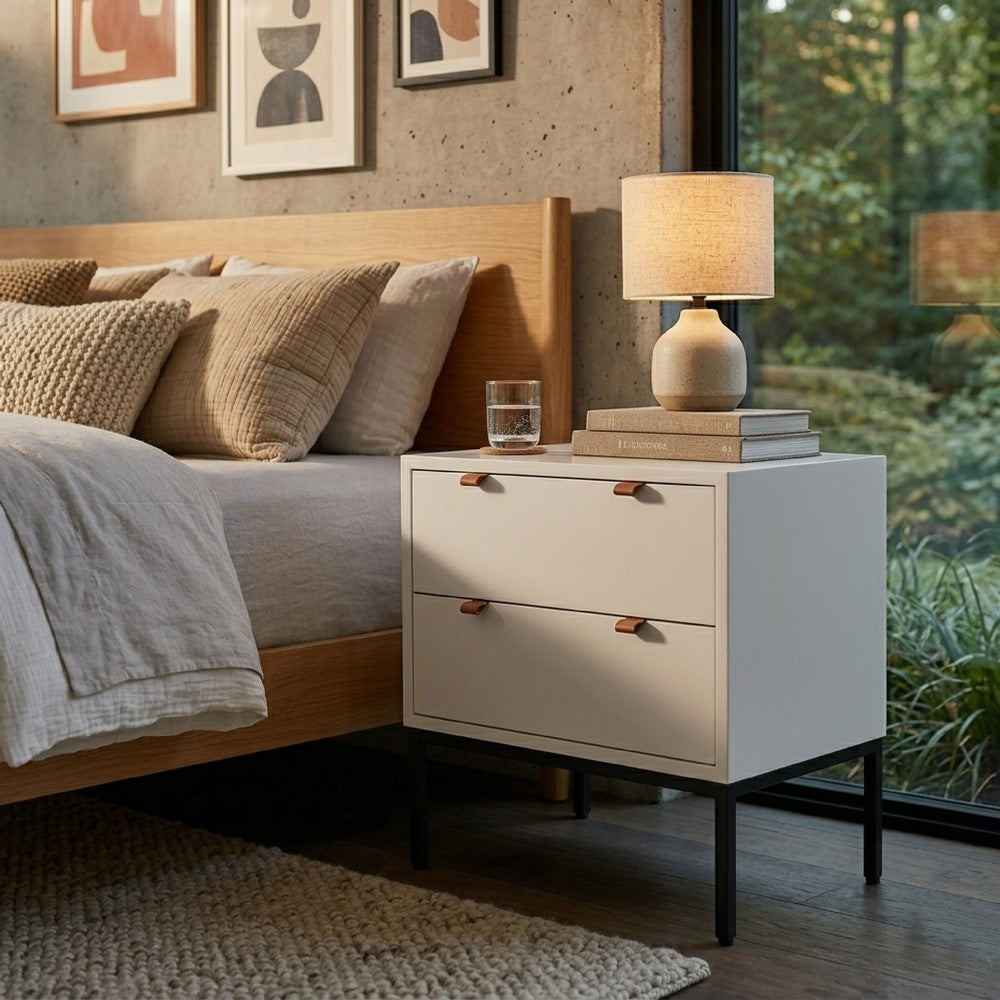 Lio Modern Nightstand with 2 Drawers, Gray Metal Legs, Glam White - BM352127