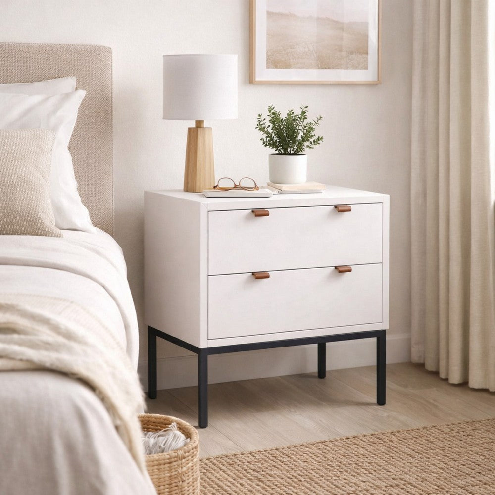 Lio Modern Nightstand with 2 Drawers, Gray Metal Legs, Glam White - BM352127