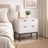 Lio Modern Nightstand with 2 Drawers, Gray Metal Legs, Glam White - BM352127