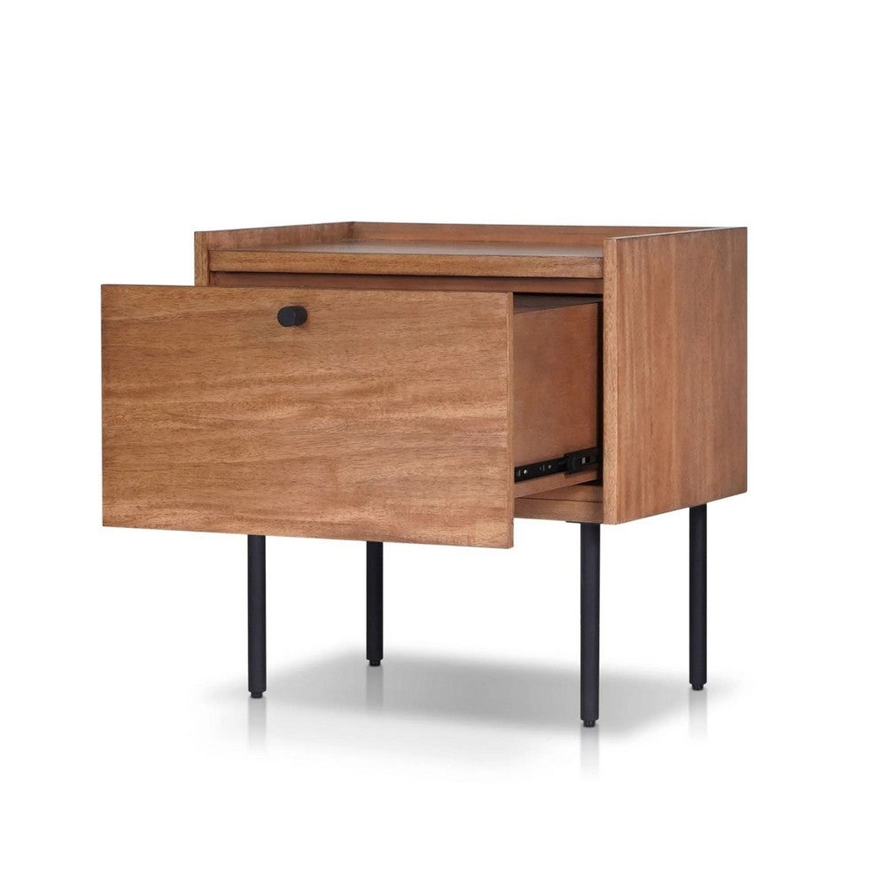 Noah Nightstand with 1 Drawer, Black Metal Legs, Chestnut Brown - BM352132