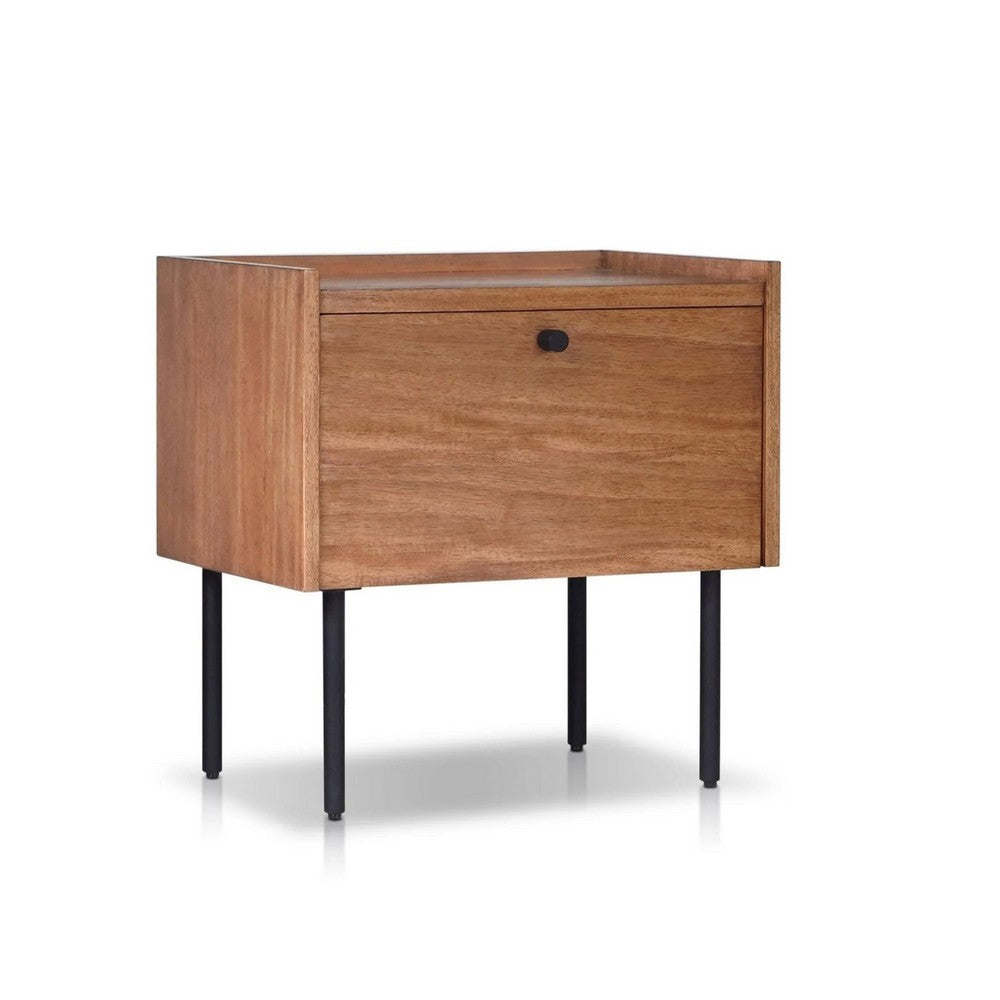 Noah Nightstand with 1 Drawer, Black Metal Legs, Chestnut Brown - BM352132