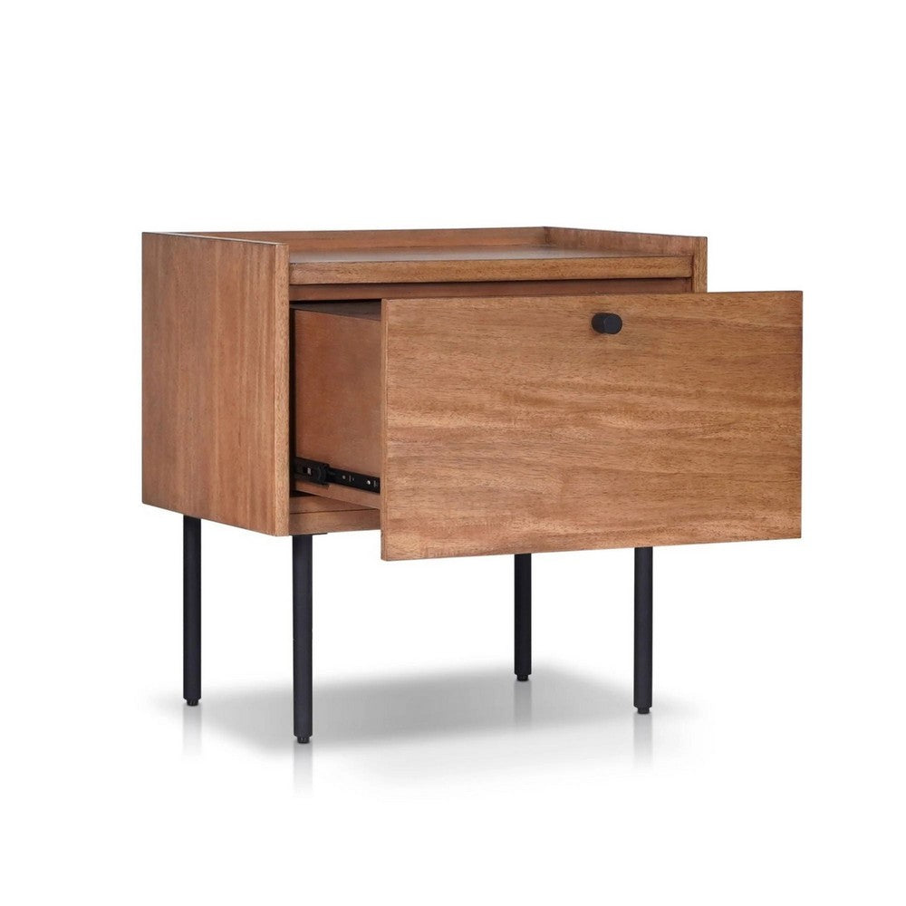 Noah Nightstand with 1 Drawer, Black Metal Legs, Chestnut Brown - BM352132