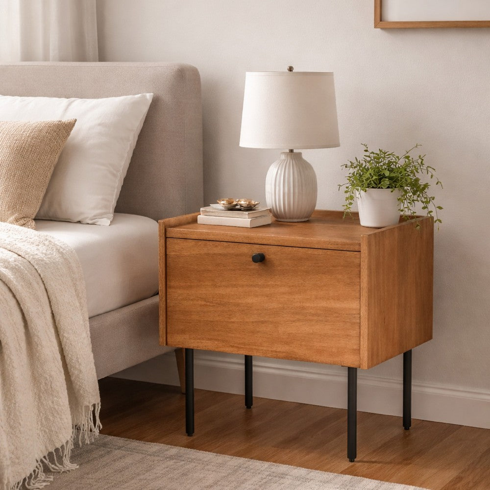Noah Nightstand with 1 Drawer, Black Metal Legs, Chestnut Brown - BM352132