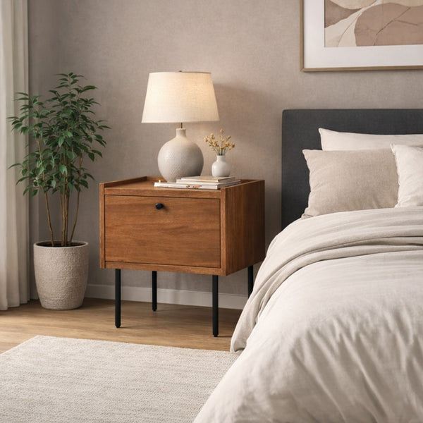 Noah Nightstand with 1 Drawer, Black Metal Legs, Chestnut Brown - BM352132