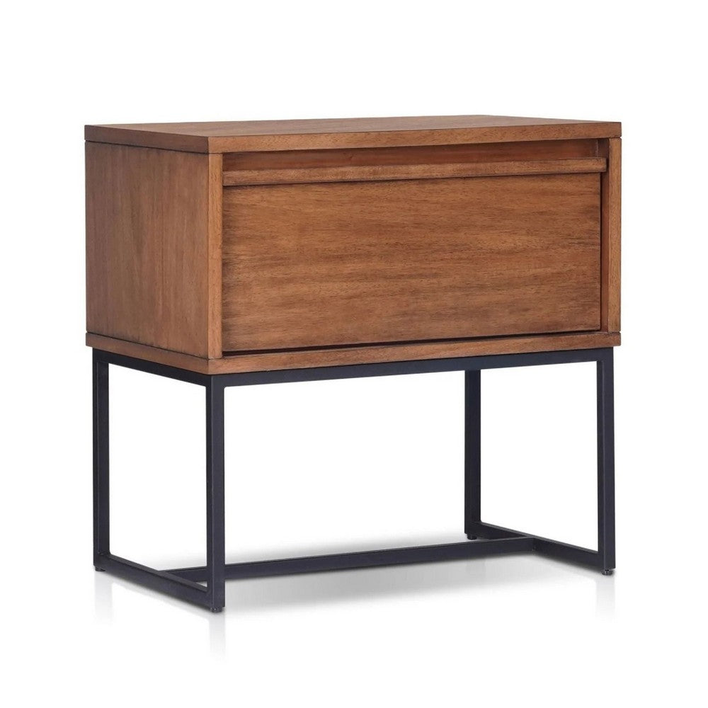 Rya Nightstand with 1 Drawer, Gray Metal Legs, Teak Brown - BM352133