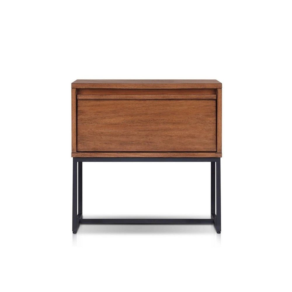 Rya Nightstand with 1 Drawer, Gray Metal Legs, Teak Brown - BM352133